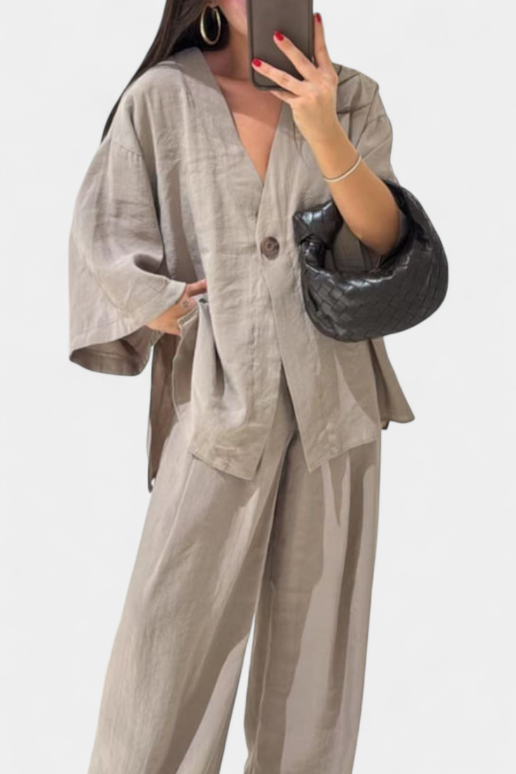 Eli Conjunto Casual Suave de Top con Cuello en V y Pantalones