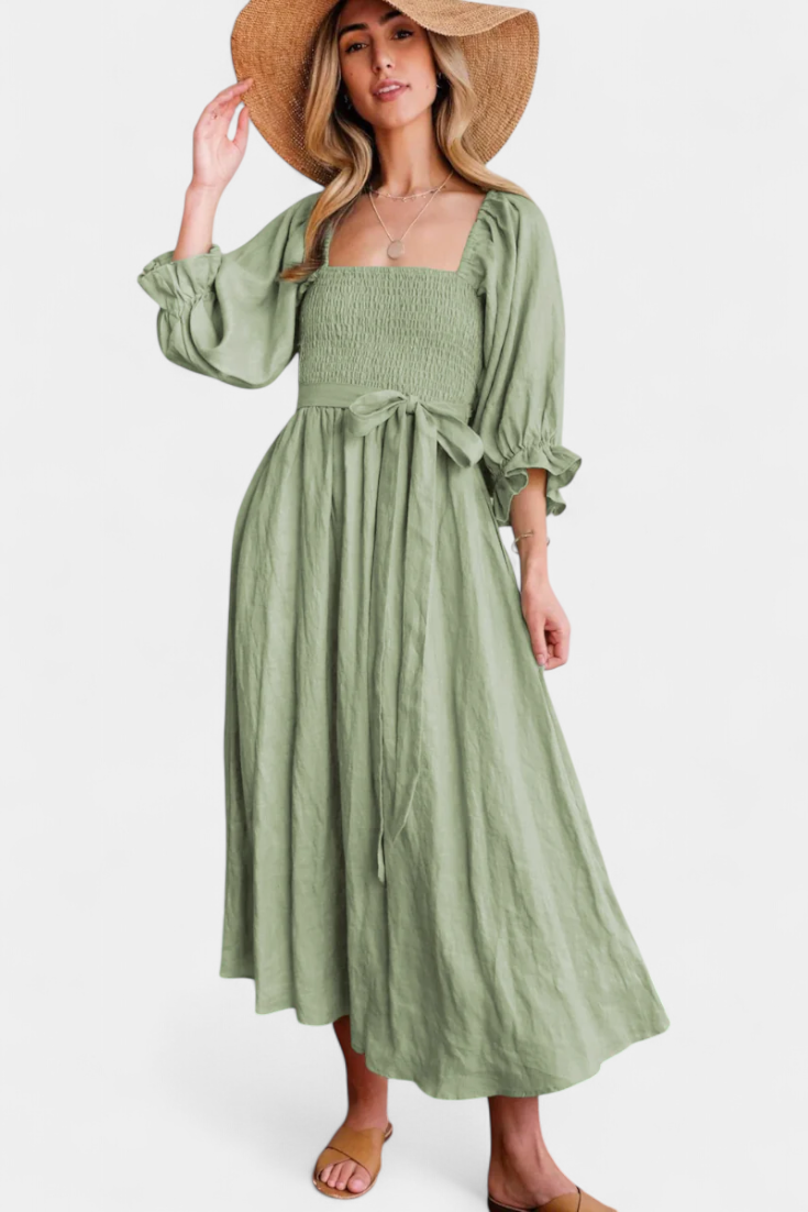 Petra Vestido Midi de Dos Niveles con Cuerpo Fruncido