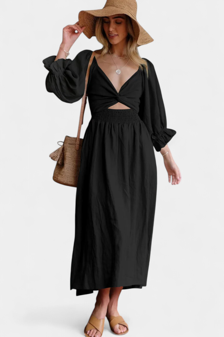 Petra Vestido Midi de Dos Niveles con Cuerpo Fruncido