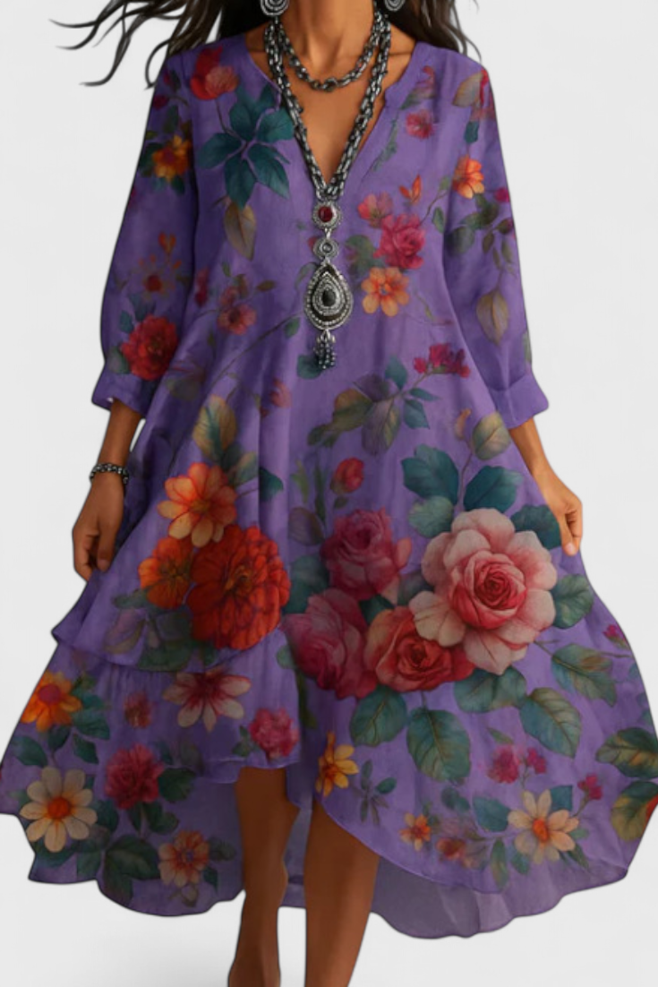 Nerea Vestido Boho Vintage con Estampado Floral y Cuello en V