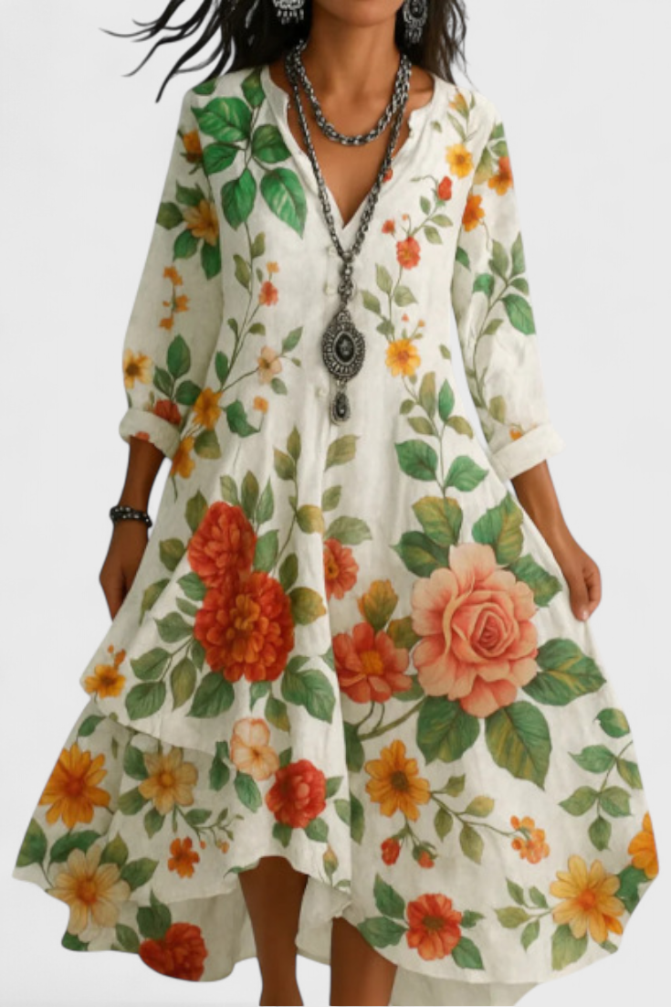 Nerea Vestido Boho Vintage con Estampado Floral y Cuello en V