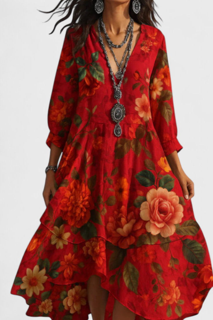 Nerea Vestido Boho Vintage con Estampado Floral y Cuello en V