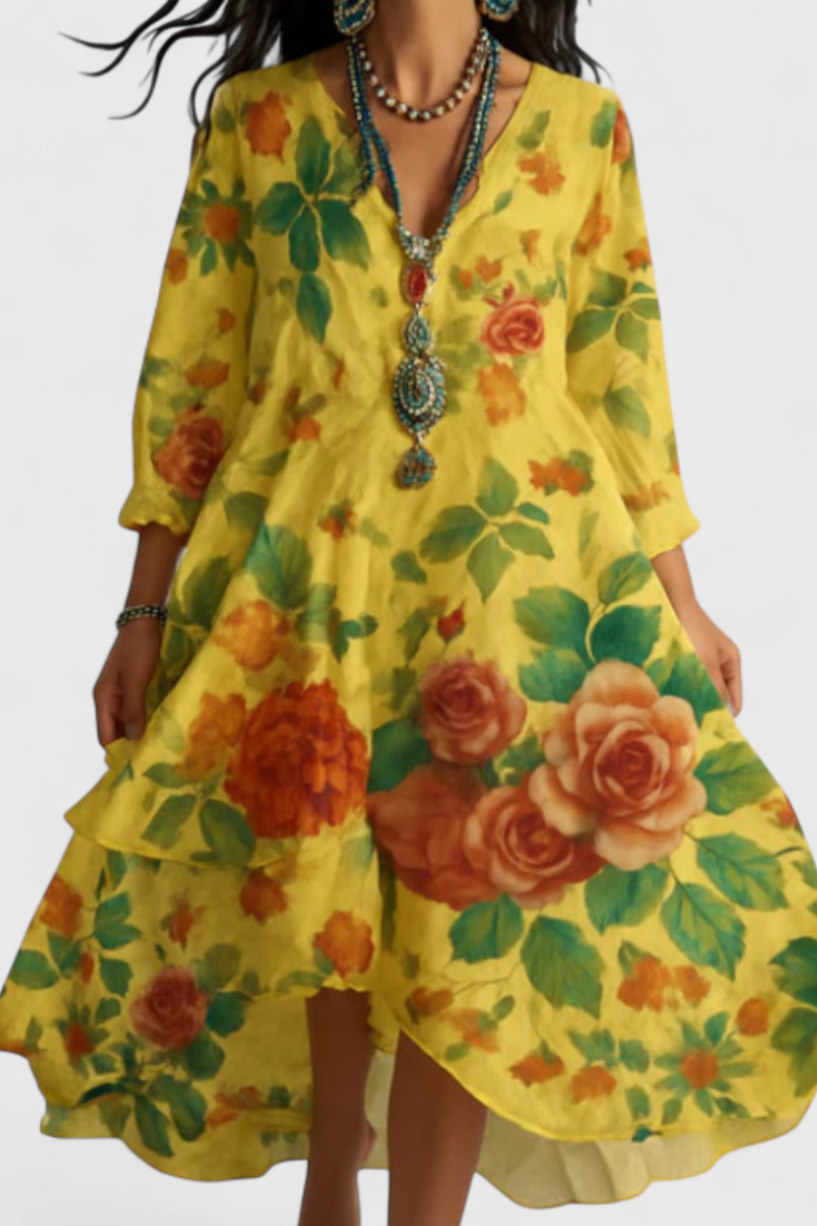 Nerea Vestido Boho Vintage con Estampado Floral y Cuello en V