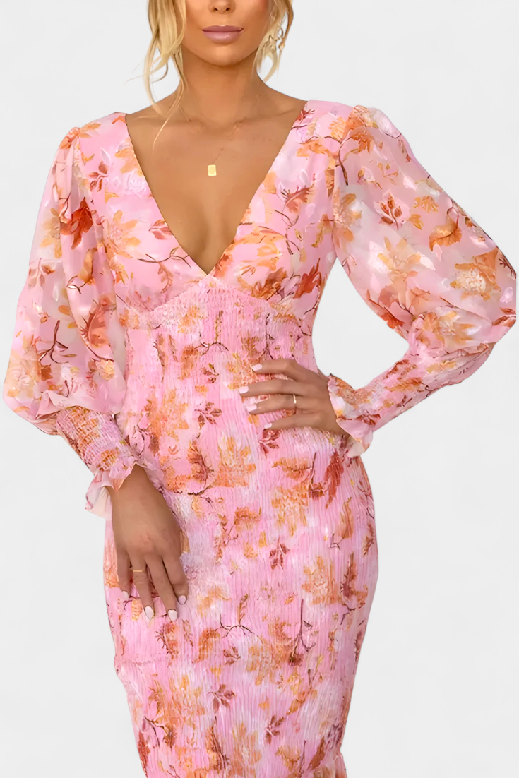 Carly Vestido Floral con Cintura Fruncida y Manga Larga