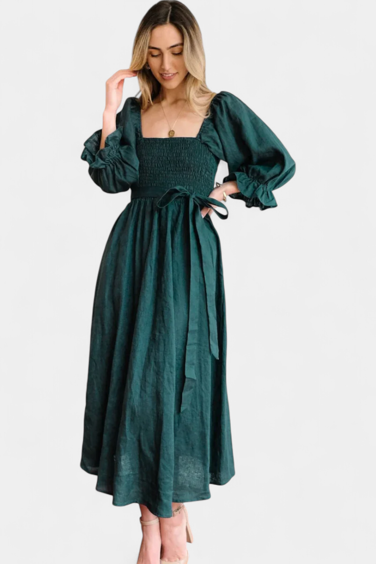 Petra Vestido Midi de Dos Niveles con Cuerpo Fruncido