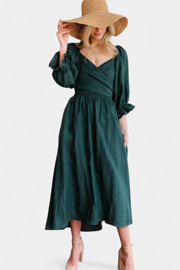 Petra Vestido Midi de Dos Niveles con Cuerpo Fruncido
