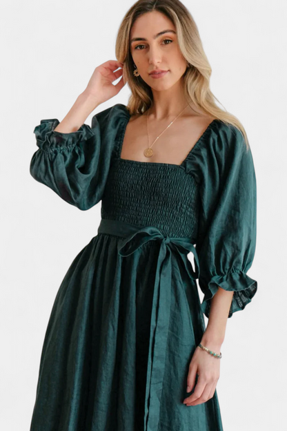 Petra Vestido Midi de Dos Niveles con Cuerpo Fruncido