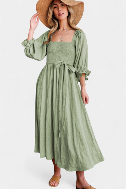 Petra Vestido Midi de Dos Niveles con Cuerpo Fruncido