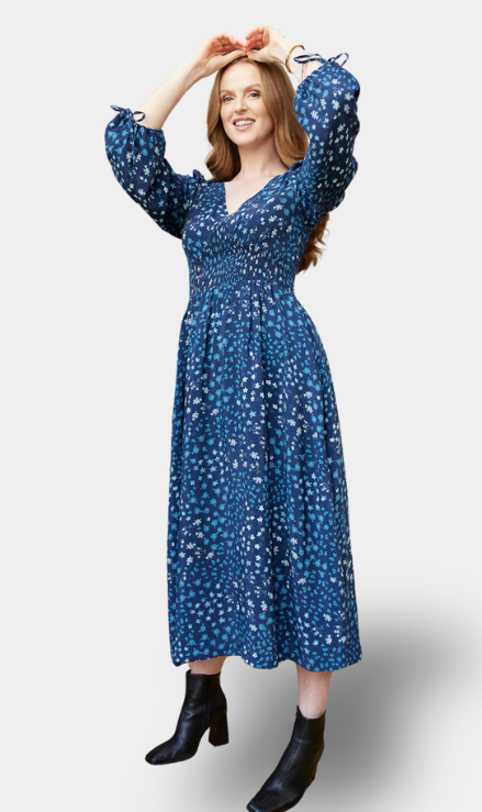Maddie - Vestido de Cuello en V - Floral Azul