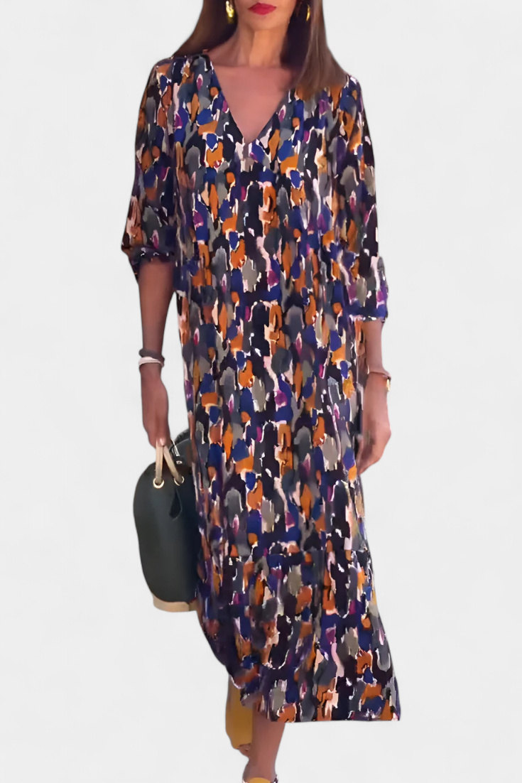 Teodora Vestido Retro Impreso con Escote en V