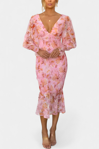 Carly Vestido Floral con Cintura Fruncida y Manga Larga