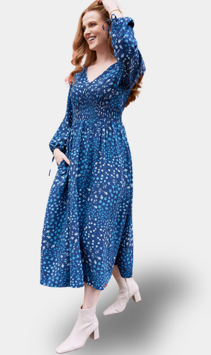 Maddie - Vestido de Cuello en V - Floral Azul