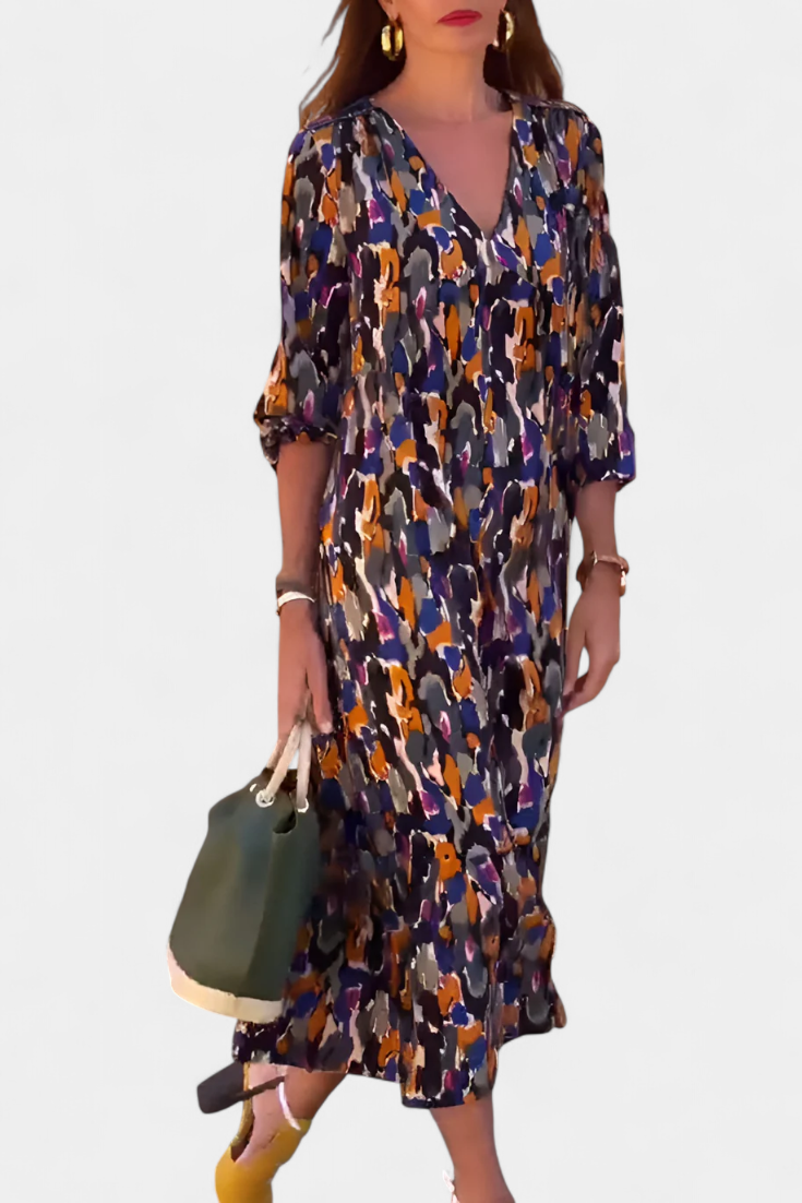 Teodora Vestido Retro Impreso con Escote en V