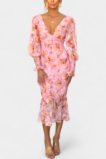 Carly Vestido Floral con Cintura Fruncida y Manga Larga