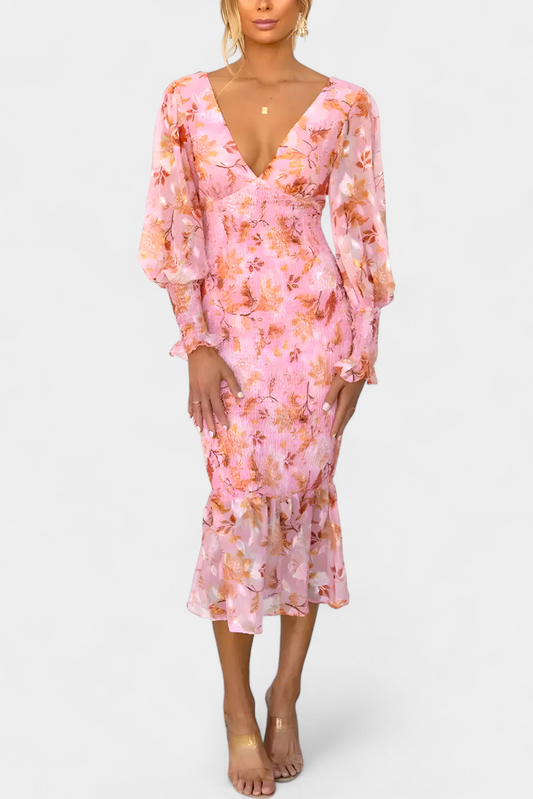 Carly Vestido Floral con Cintura Fruncida y Manga Larga