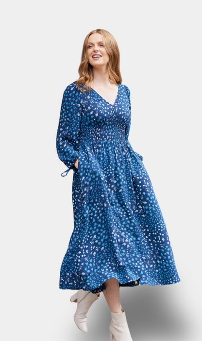 Maddie - Vestido de Cuello en V - Floral Azul