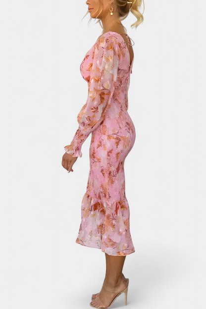 Carly Vestido Floral con Cintura Fruncida y Manga Larga