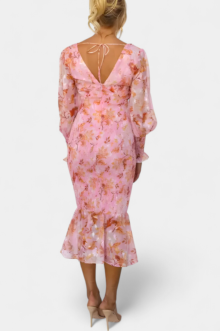 Carly Vestido Floral con Cintura Fruncida y Manga Larga