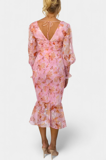 Carly Vestido Floral con Cintura Fruncida y Manga Larga