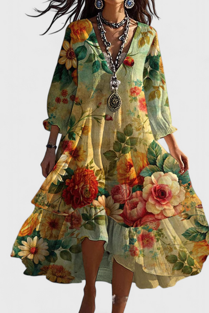 Nerea Vestido Boho Vintage con Estampado Floral y Cuello en V