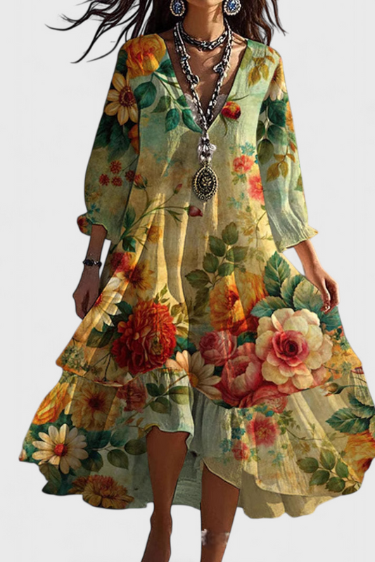 Nerea Vestido Boho Vintage con Estampado Floral y Cuello en V