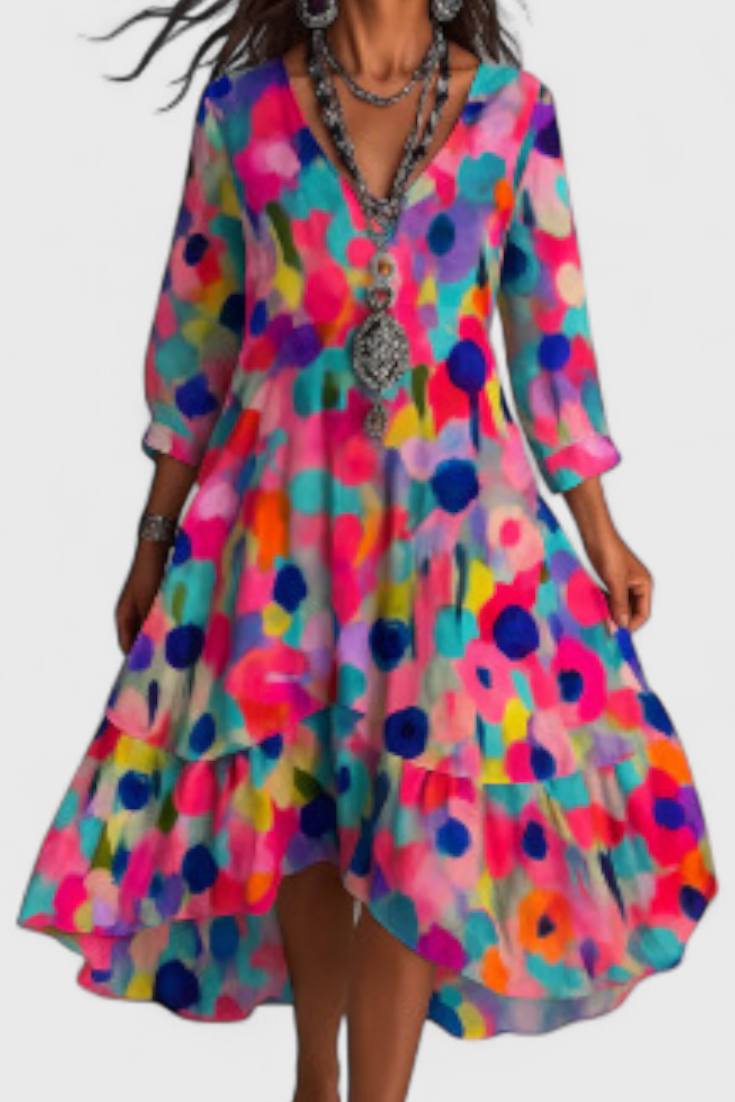 Nerea Vestido Boho Vintage con Estampado Floral y Cuello en V