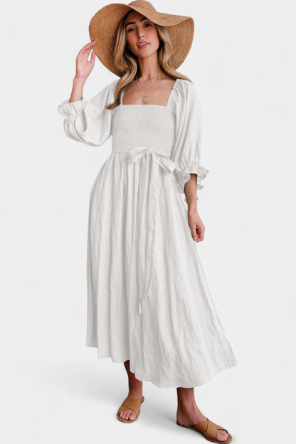 Petra Vestido Midi de Dos Niveles con Cuerpo Fruncido