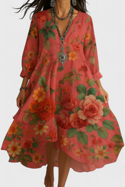 Nerea Vestido Boho Vintage con Estampado Floral y Cuello en V