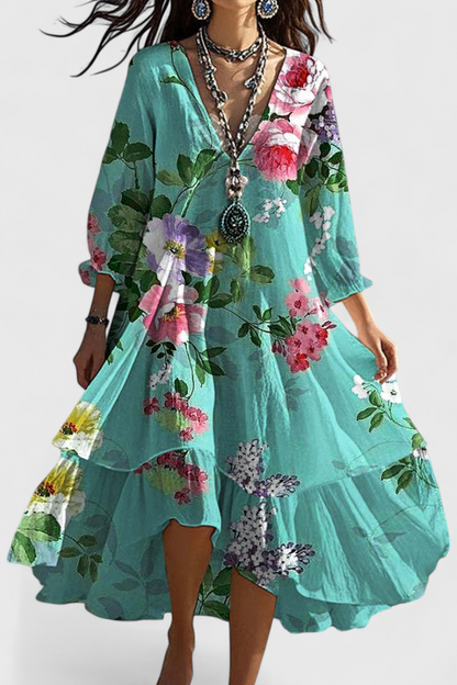 Nerea Vestido Boho Vintage con Estampado Floral y Cuello en V