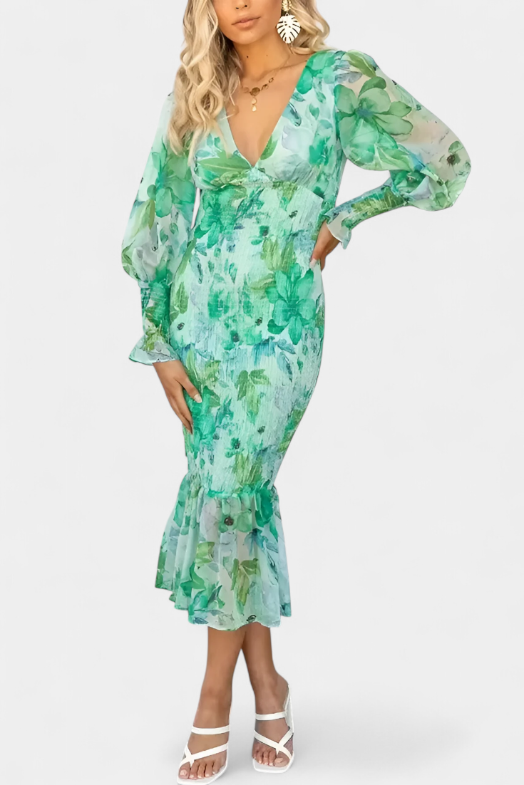 Carly Vestido Floral con Cintura Fruncida y Manga Larga