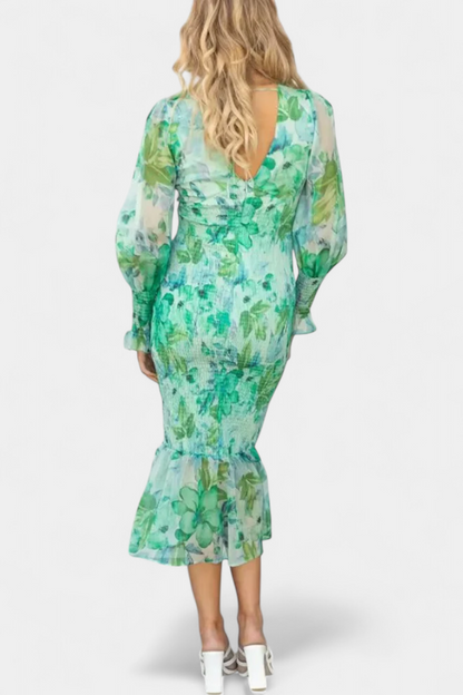Carly Vestido Floral con Cintura Fruncida y Manga Larga