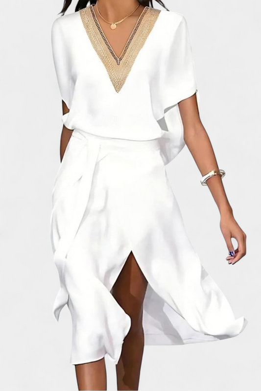 Effie Vestido Midi Blanco con Escote en V Bordado