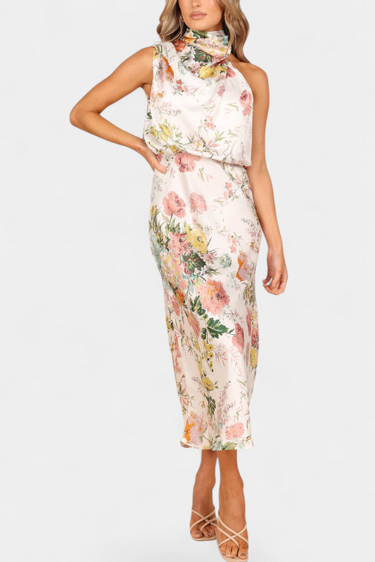 Lisa Vestido Maxi Floral con Cuello Halter y Cintura Elástica